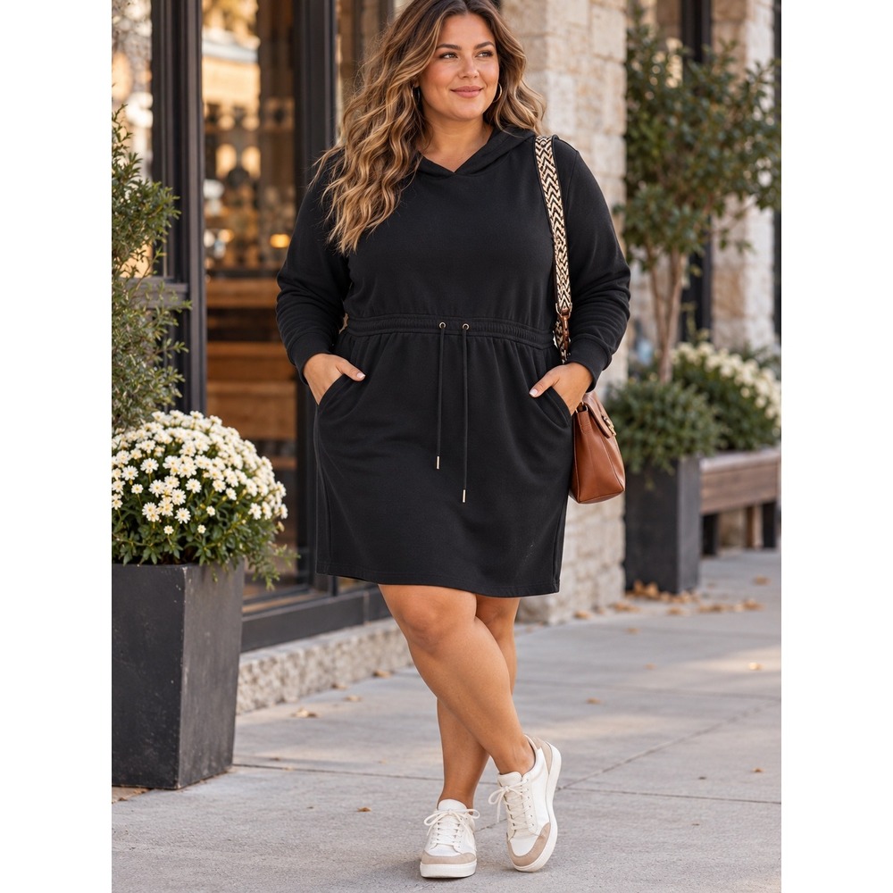 Torrid Black Fleece Hoodie Dress Drawstring Waist Pockets Plus Size 2 2X